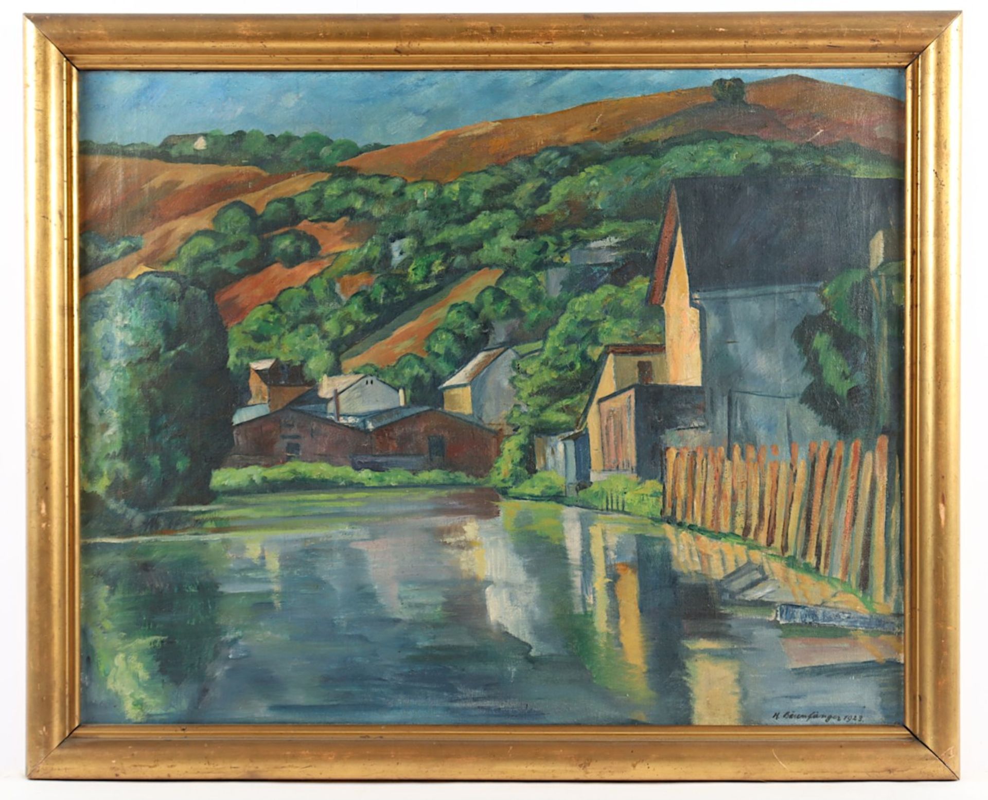 BÄRENFÄNGER, Karl (1888-1947), "Häuser am Fluss", Öl/Lwd., 60 x 76, besch., unten rechts signiert u