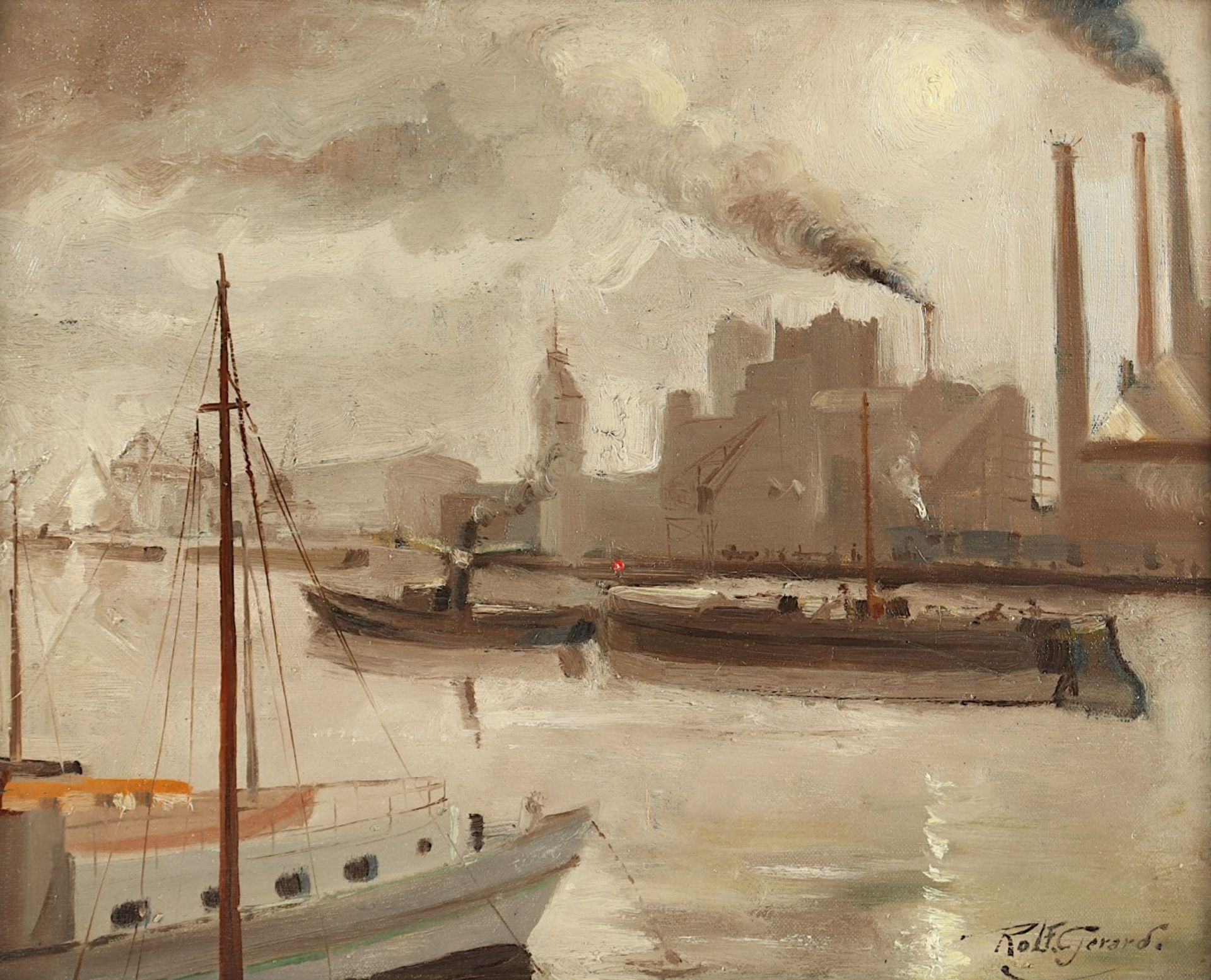 GERARD, Rolf (1909-2011), "Industrieanlagen am Hafen", Öl/Lwd., 40 x 50, unten rechts signiert, R. - Image 2 of 3