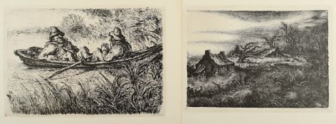 WEBER, A. Paul, 2 Arbeiten, "Das verlassene Dorf", "Jagdpause", Original-Lithografien, ca. 32 x 45,