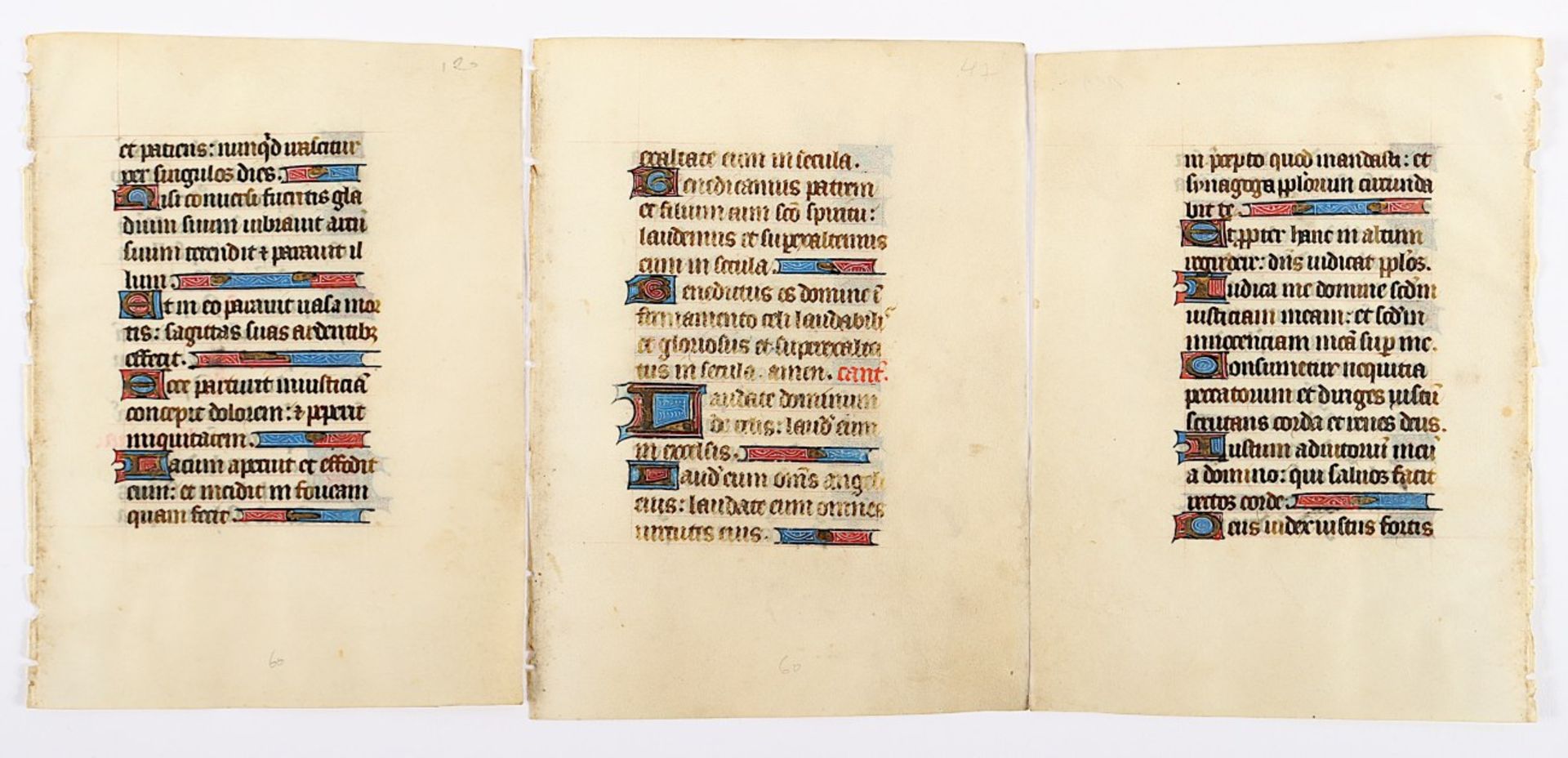 DREI BLÄTTER AUS EINEM FRANZÖSISCHEN STUNDENBUCH, wohl Troyes, um 1460, Text auf Pergament, beidsei - Image 2 of 2