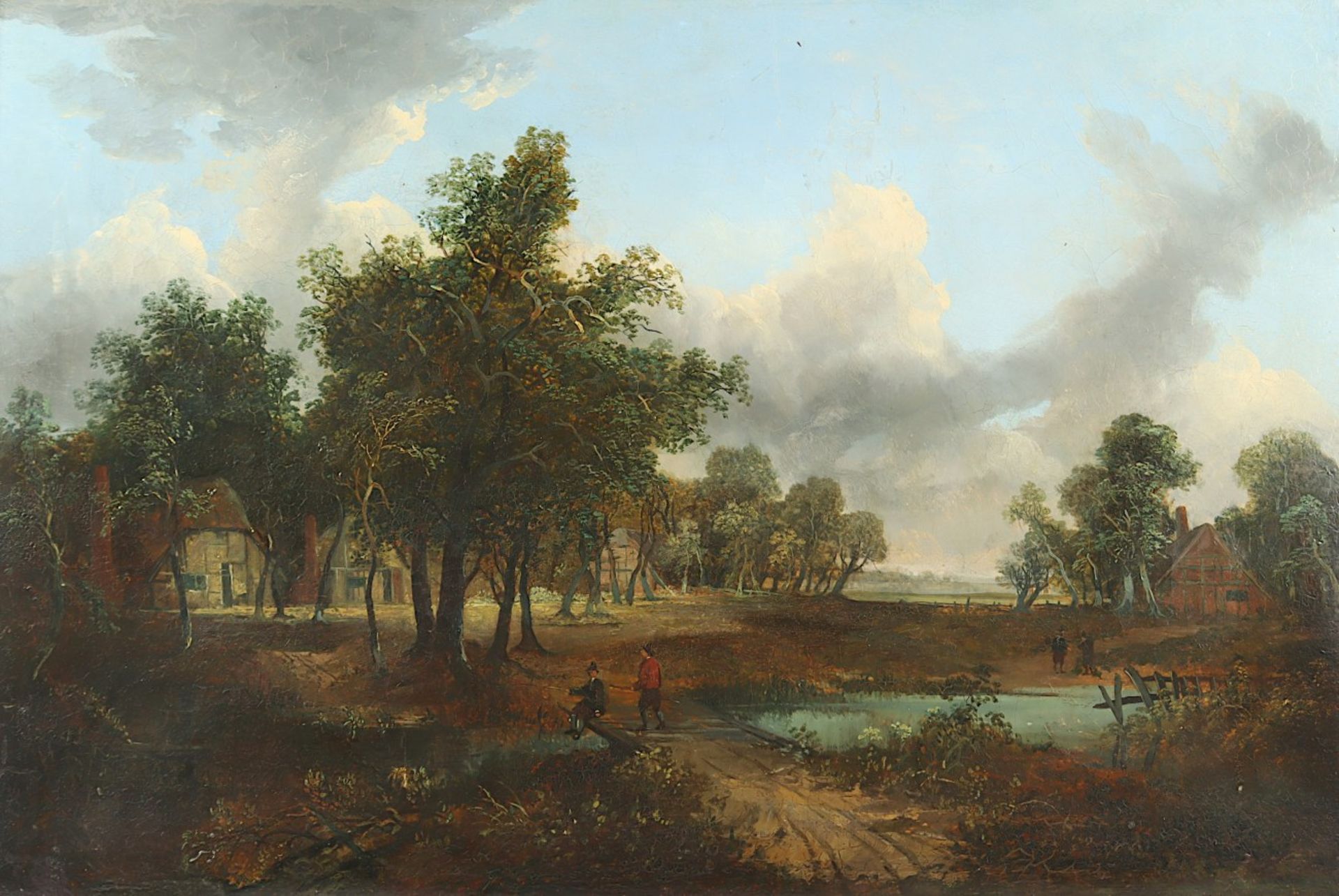 ENGLAND 19.JH., "Landschaft mit Häusern und Figurenstaffage", Öl/Lwd., 61 x 91, rest., R.  