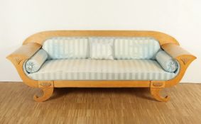 BIEDERMEIERSOFA, Birke, besch., Polsterung rest. bed., H 86, B 250, T 65, DEUTSCH, um 1820 