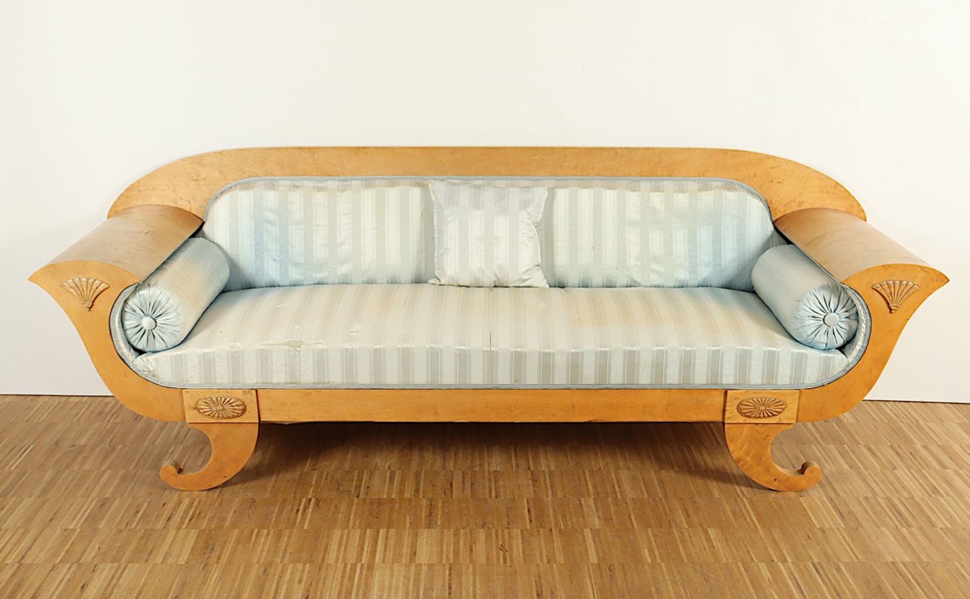 BIEDERMEIERSOFA, Birke, besch., Polsterung rest. bed., H 86, B 250, T 65, DEUTSCH, um 1820