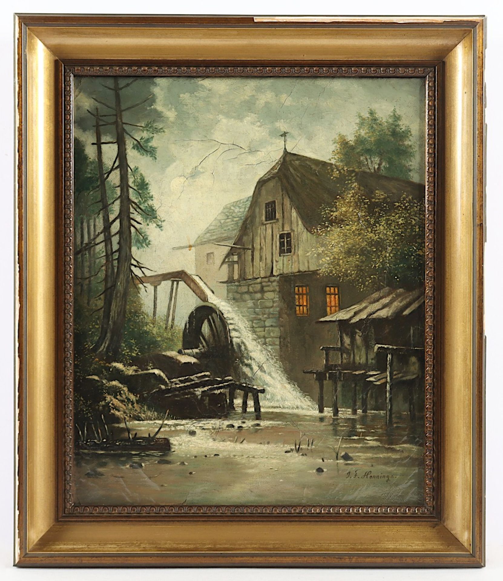 HENNINGS, Johann Friedrich (1838-1899), "Mondnacht an einer Wassermühle", Öl/Lwd., 37,5 x31, besch. - Image 2 of 4
