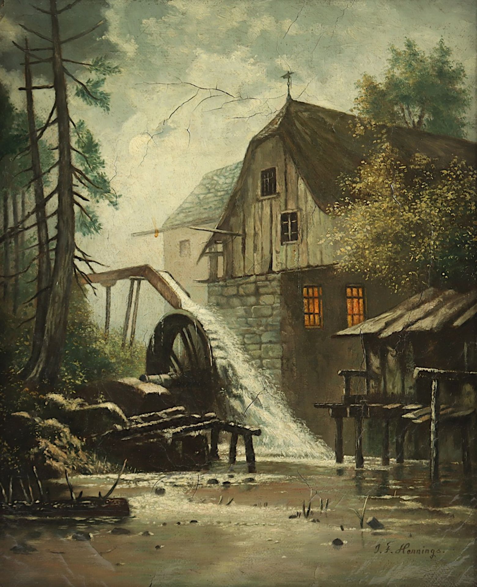 HENNINGS, Johann Friedrich (1838-1899), "Mondnacht an einer Wassermühle", Öl/Lwd., 37,5 x31, besch.