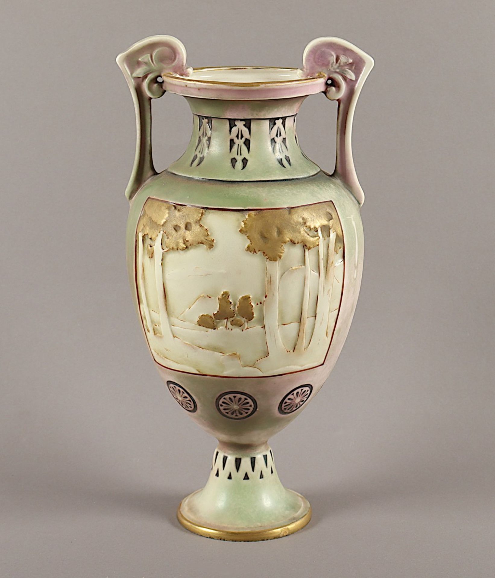 VASE MIT JAGDMOTIV, Keramik, polychrom bemalt, H 31, AMPHORA, um 1900  - Bild 2 aus 2