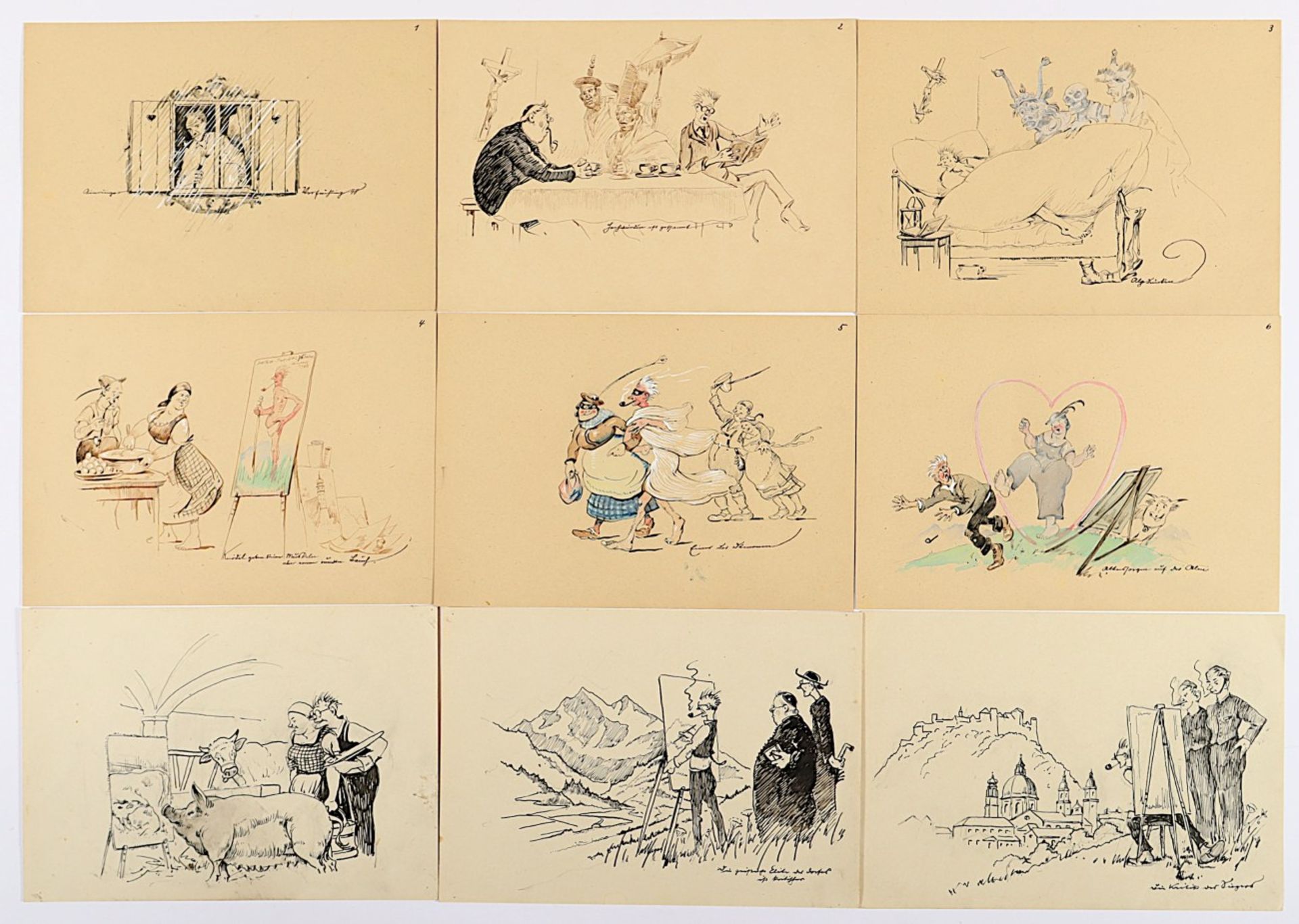 ERLER, Georg Oskar (1871-1951), Konvolut von 35 humoristischen Zeichnungen, Mischtechnik/Papier, bi