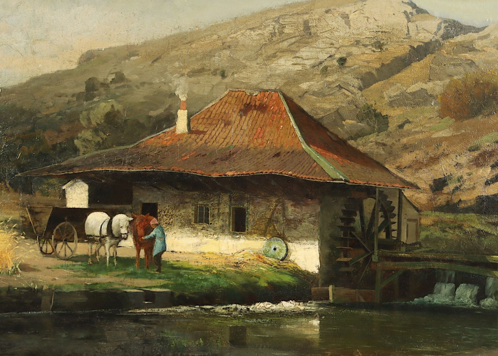HOLZAPFEL, Carl (1865-1926), "Landschaft mit alter Wassermühle", Öl/Lwd., 95 x 155, auf Platte aufg - Bild 2 aus 5