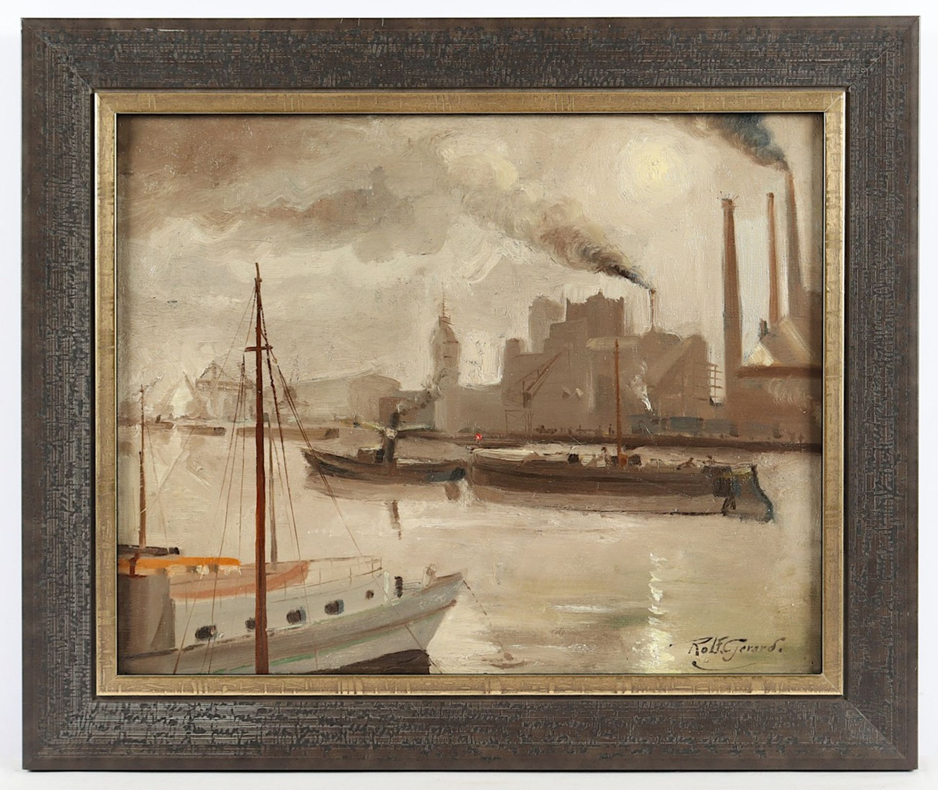 GERARD, Rolf (1909-2011), "Industrieanlagen am Hafen", Öl/Lwd., 40 x 50, unten rechts signiert, R.