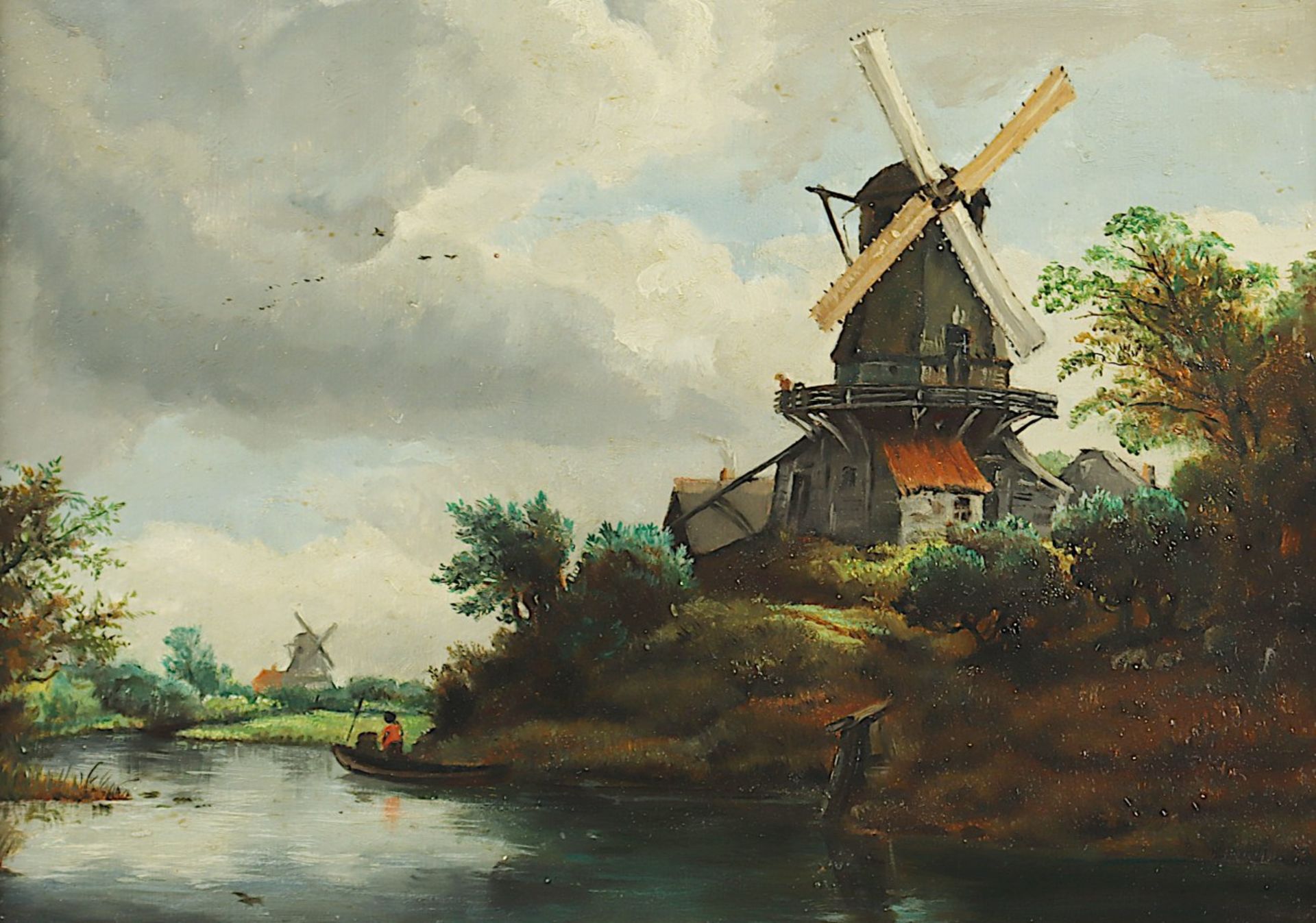 NIEDERLANDE 1.H.20.JH., "Holländische Landschaft mit Windmühle", Öl/Holz, 25 x 35, R. 