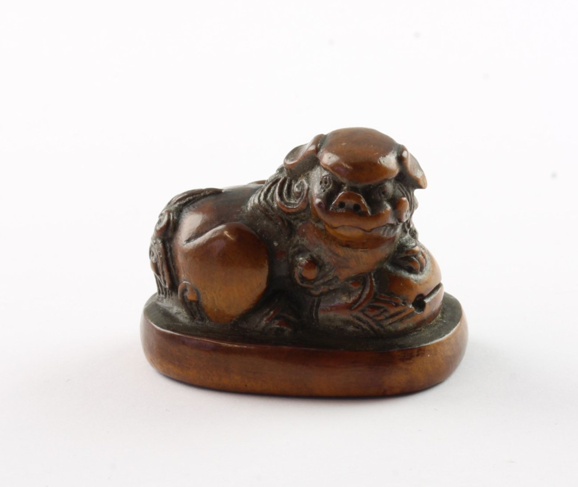 NETSUKE SHISHI MIT MOKUGYO, Buchsbaum, Augen schwarzes Horn, auf einem ovalen Sockel liegt der groß