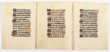 DREI BLÄTTER AUS EINEM FRANZÖSISCHEN STUNDENBUCH, wohl Troyes, um 1460, Text auf Pergament, beidsei