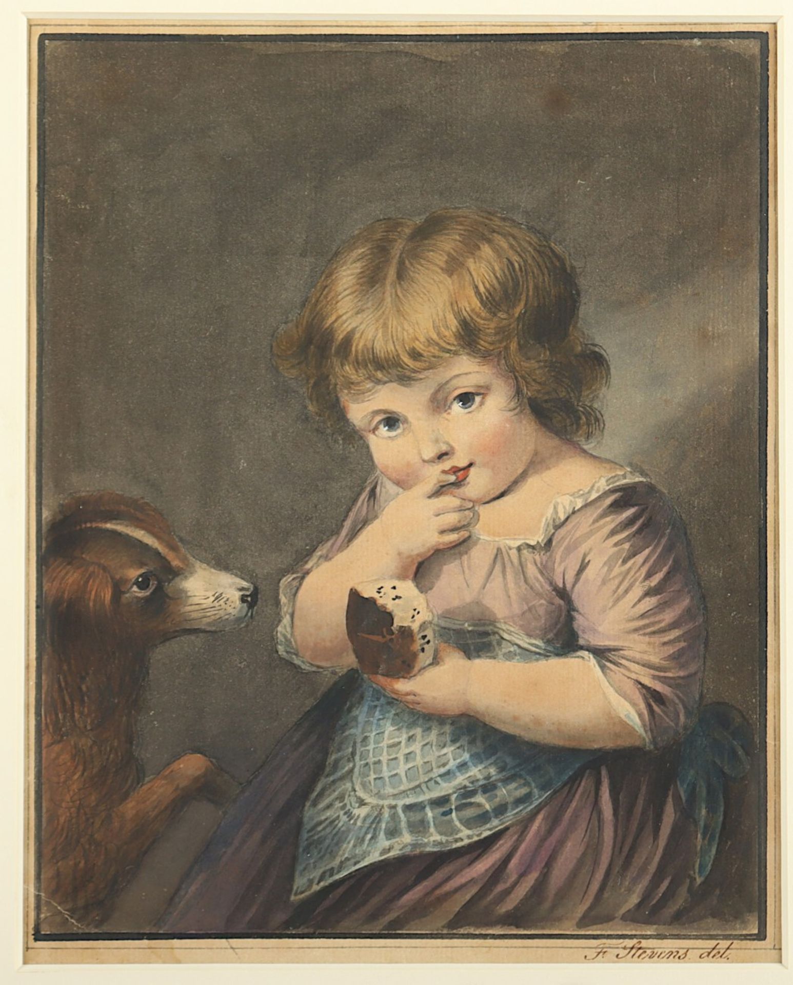 STEVENS, F. (Aquarellist des 19.Jh.), "Bildnis eines Kindes mit Hund", Aquarell/Papier, 22 x 18 (Pa - Image 2 of 3