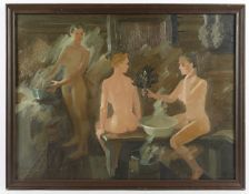 MUREINOV (Russland E.20.JH.), "Drei Frauen in der Sauna", Öl/Lwd., 60 x 80, unten rechts monogrammi