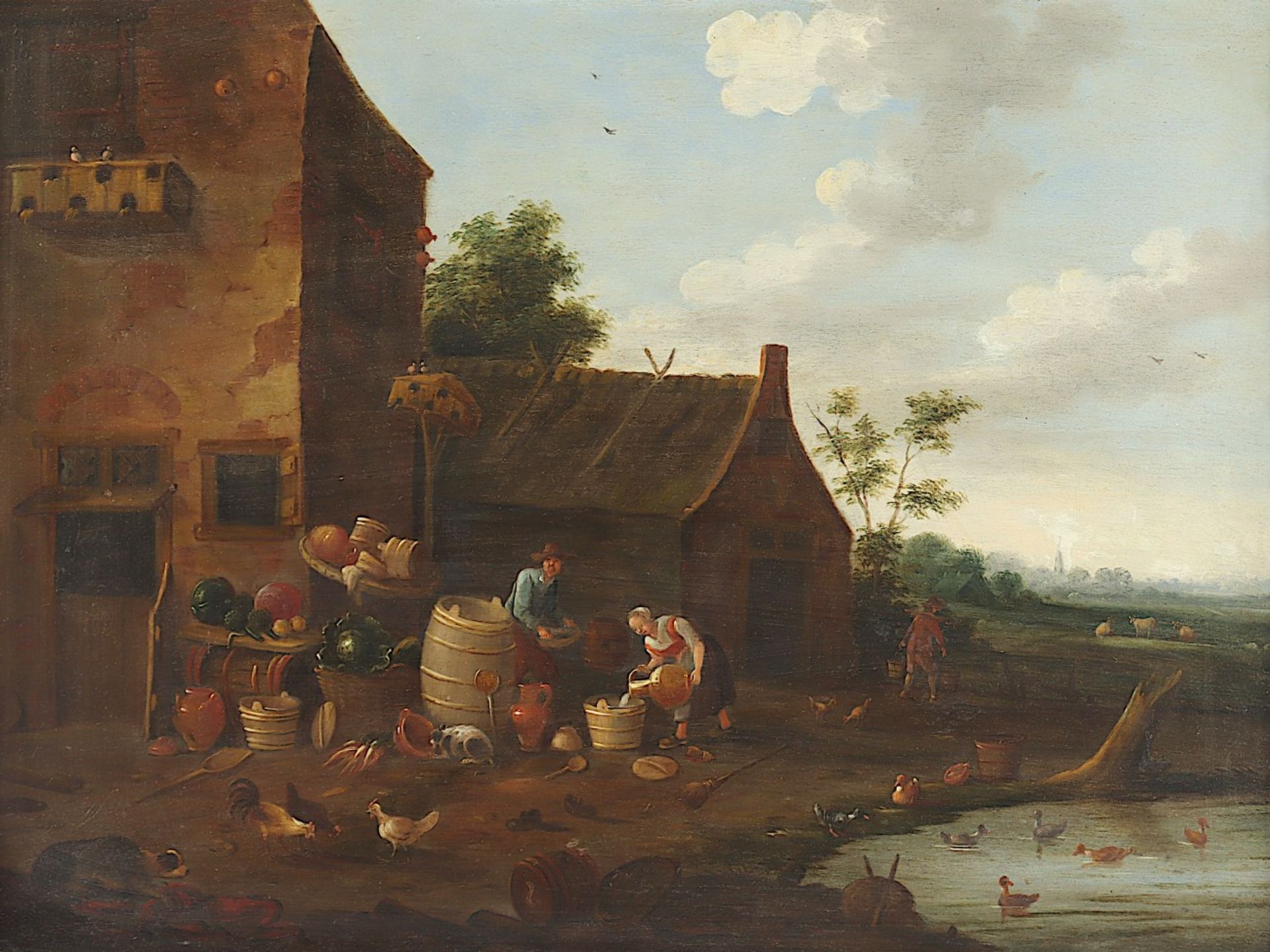 DE WINTER, Gillis (ca.1650-1720), zugeschrieben, "Gehöft mit Bauernpaar", Öl/Holz, 46 x 62,5, R.