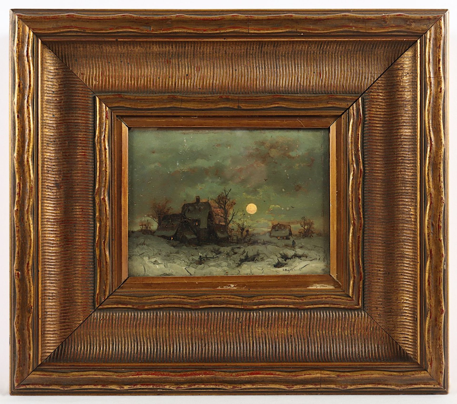 HEYDENDAHL, Joseph F. (1844-1906), "Winterliche Mondscheinlandschaft", Öl/Malkarton, 14 x 18, unten