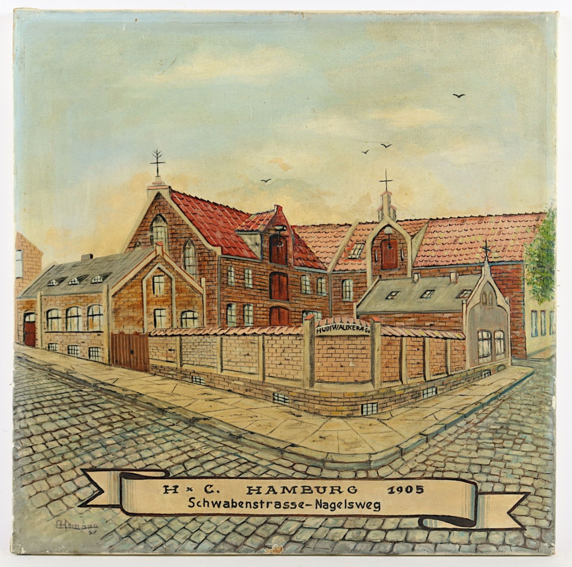 HOMANN, A. (Maler M.20.Jh.), "Ansicht der Hamburger Fabrik Hudtwalcker & Co.", Öl/Lwd., 50 x 50, be