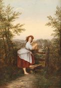 MELLAR, J. (Maler des 19.Jh.) "Junge Wasserträgerin vor einer Landschaft", Öl/Lwd., 39 x 27, doubli