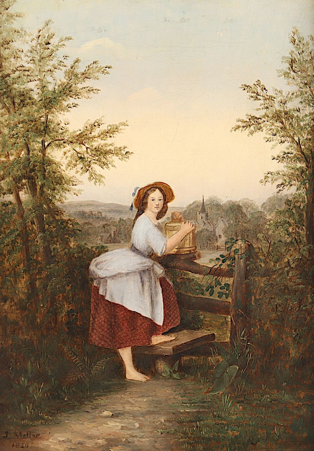 MELLAR, J. (Maler des 19.Jh.) "Junge Wasserträgerin vor einer Landschaft", Öl/Lwd., 39 x 27, doubli