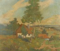 MALER UM 1920, "Landschaft mit Bauernhäusern", Öl/Nessel, 55 x 64, doubliert, besch. und rest. bed.