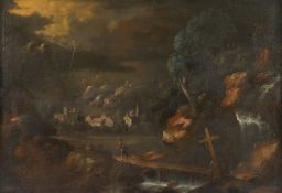 BEMMEL, Willem van (1630-1708), zugeschr., "Gewitterlandschaft mit Wasserfall und Wanderer", Öl/Lwd