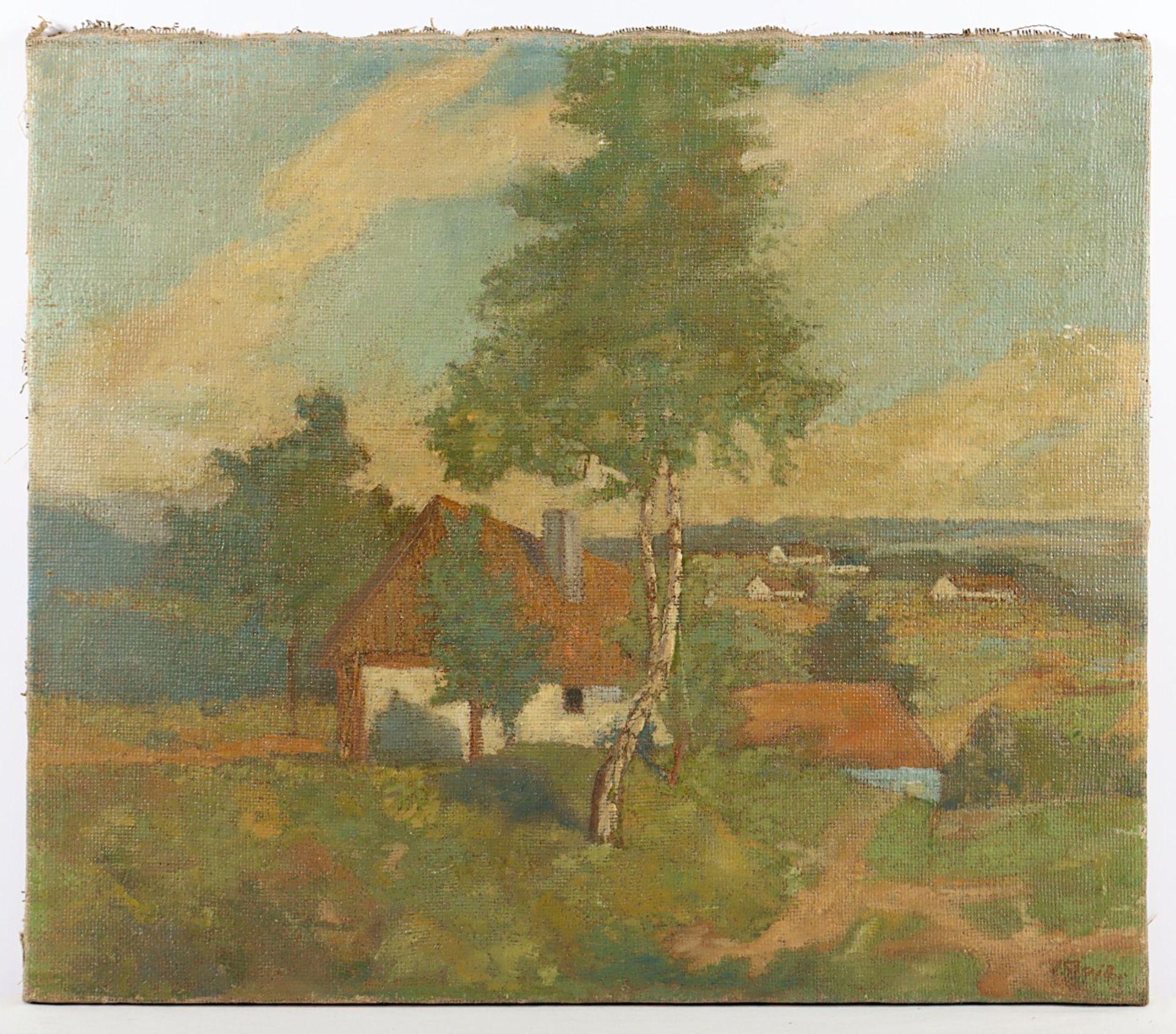 MALER UM 1920, "Landschaft mit Bauernhäusern", Öl/Nessel, 55 x 64, doubliert, besch. und rest. bed. - Bild 2 aus 5