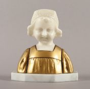 VAN VAERENBERGH, Gustave (1873-1927), "Mädchenbüste", Bronze, goldfarben patiniert, Alabaster, Marm