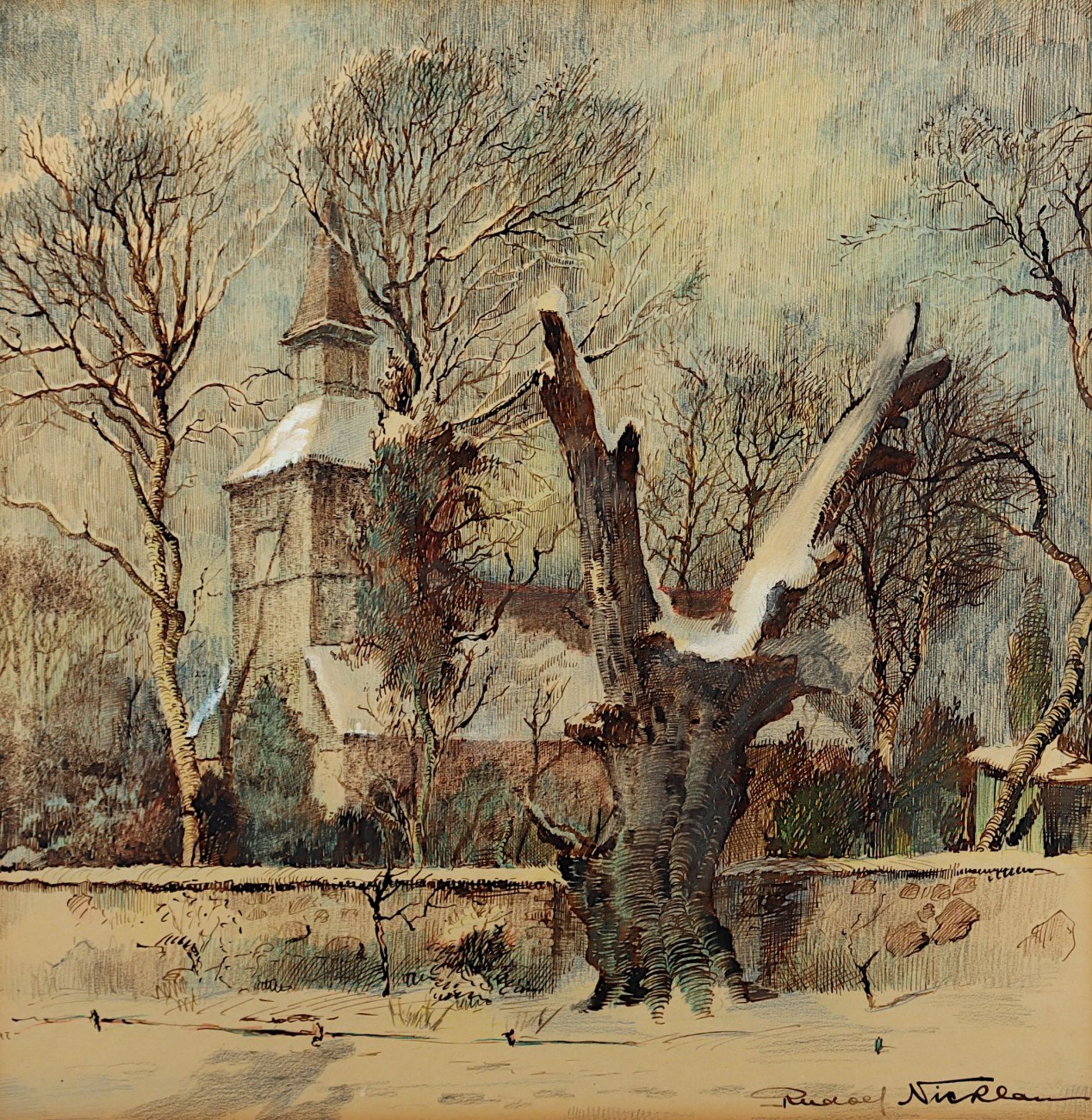 NICKLAU, Rudolf (Berliner Zeichner 1.H.20.Jh.), "Winterliche Kirchenansicht", Mischtechnik/Papier,  - Bild 2 aus 2