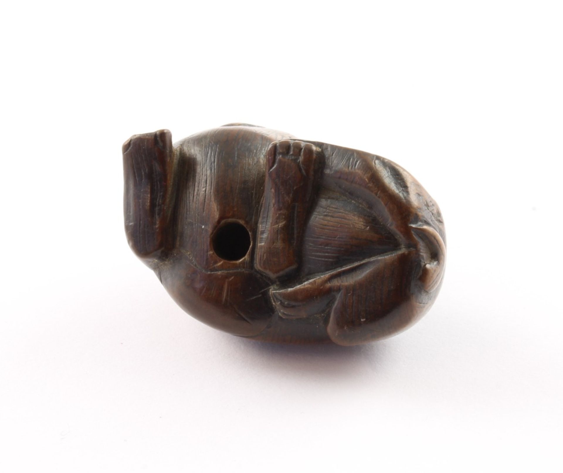 NETSUKE WELPE, Buchsbaum, der liegende Welpe schaut hinter sich, L 4, besch., JAPAN, E.19.Jh. - Image 3 of 3