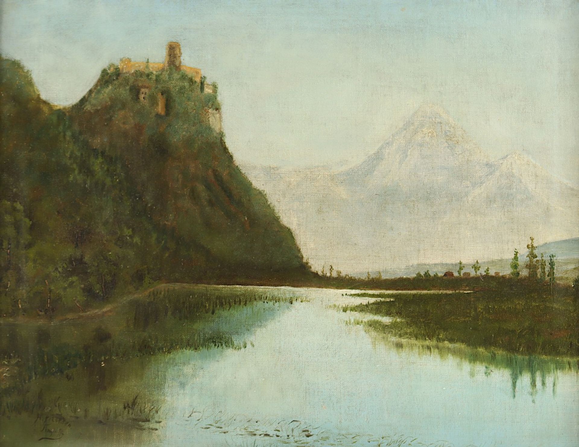 PETERSEN, H. (Maler um 1900), "Alpenlandschaft mit Burg", Öl/Lwd., 34,5 x 45, unten links signiert - Image 2 of 4