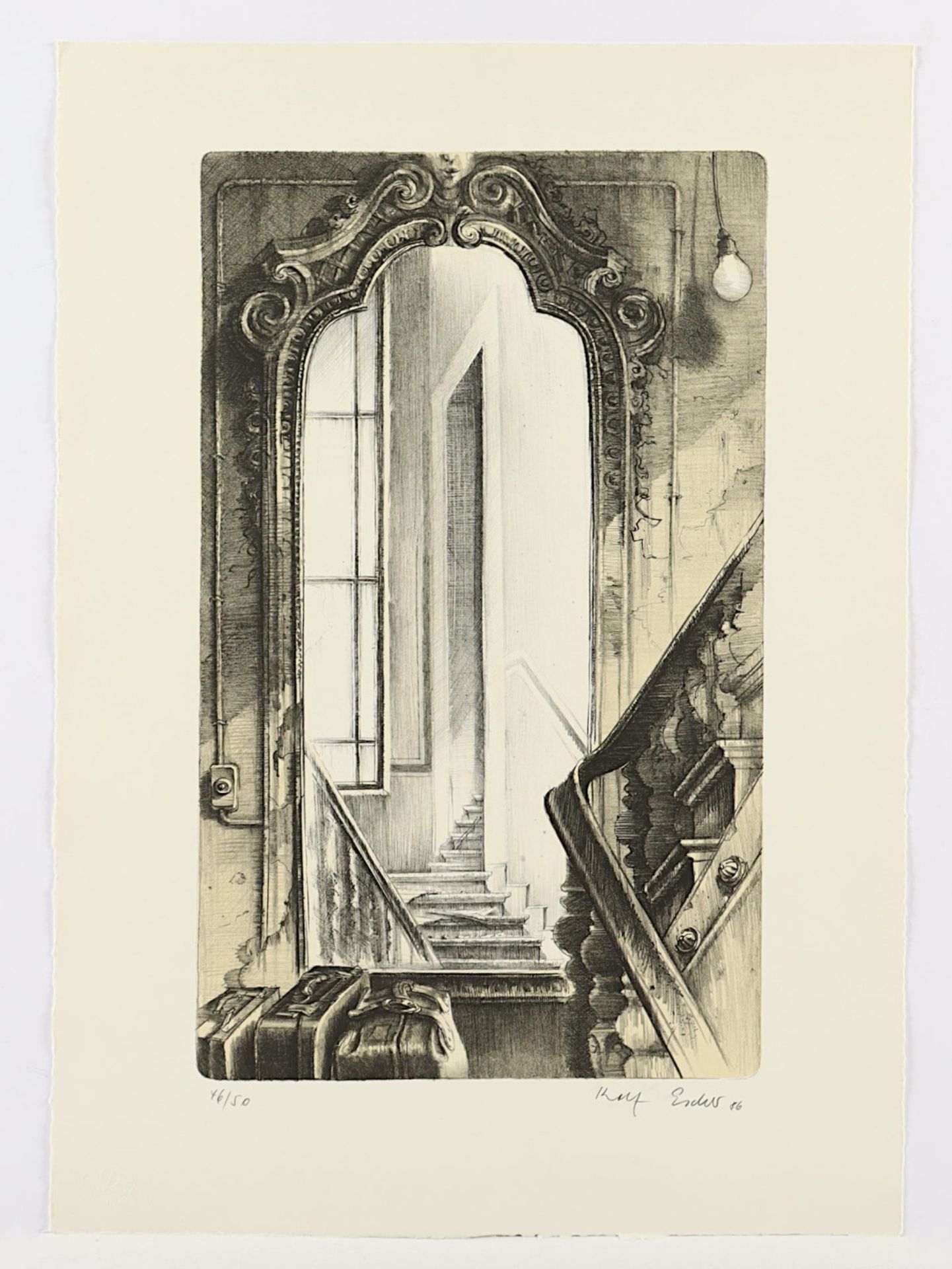 Escher, Rolf, "Treppenhausaufgang mit Koffern", ungerahmt
