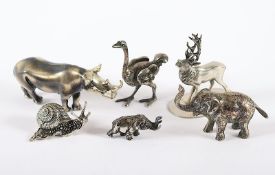 sechs Miniatur-Tierfiguren, meist 800/ooo, H bis 8,5, 310g, 20.Jh.