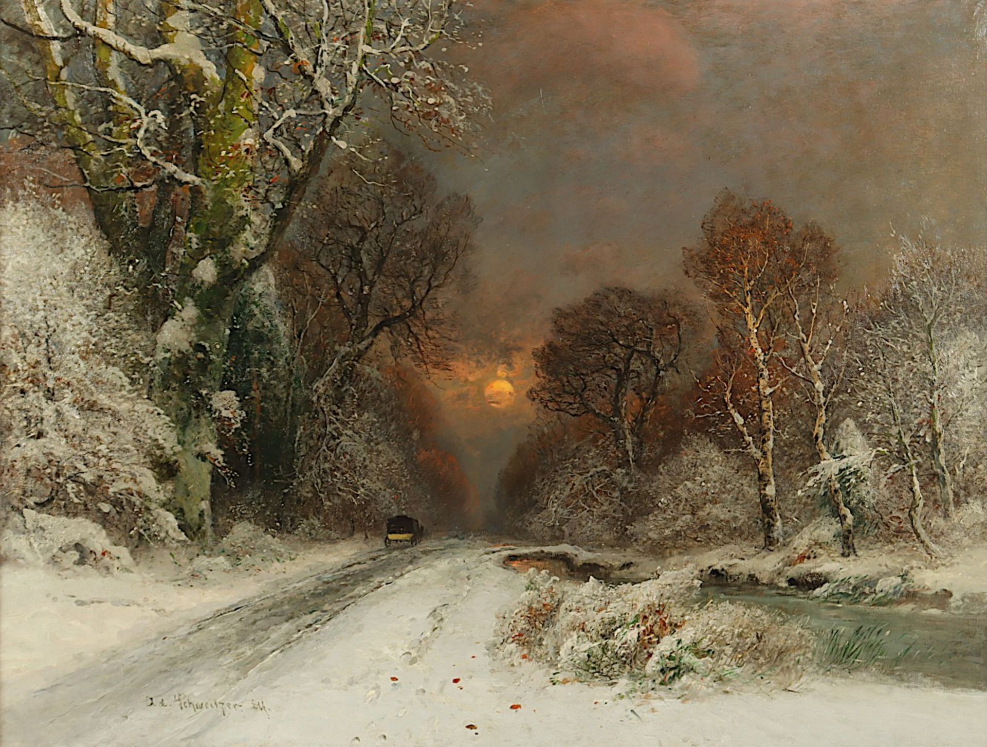 SCHWEITZER, Adolf Gustav (1847-1914), "Abendliche Winterlandschaft mit Kutsche", R.