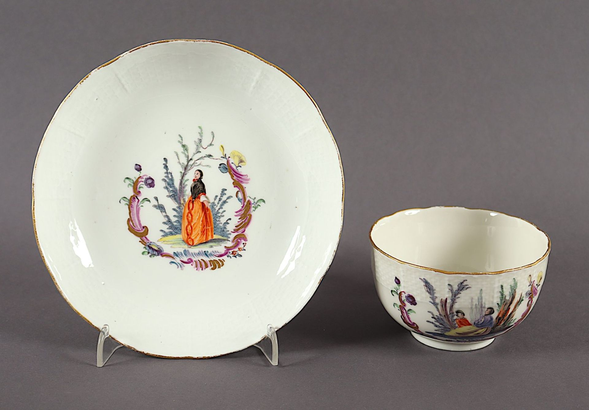 Tasse mit Untertasse, Ozier, galante Szenen, Meissen, um 1740