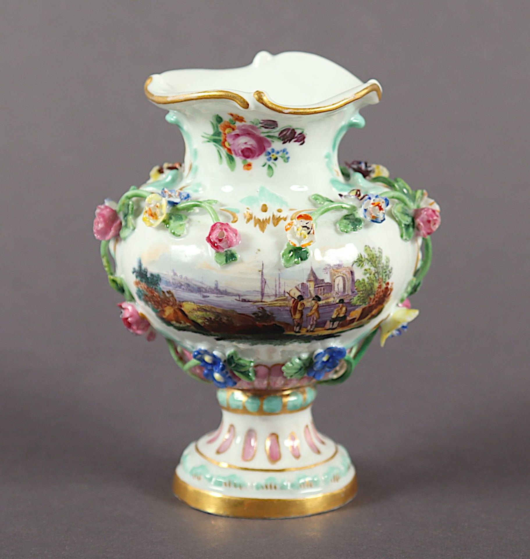 Vase, Landschaft, plastische Blüten, Meissen, 19.Jh.