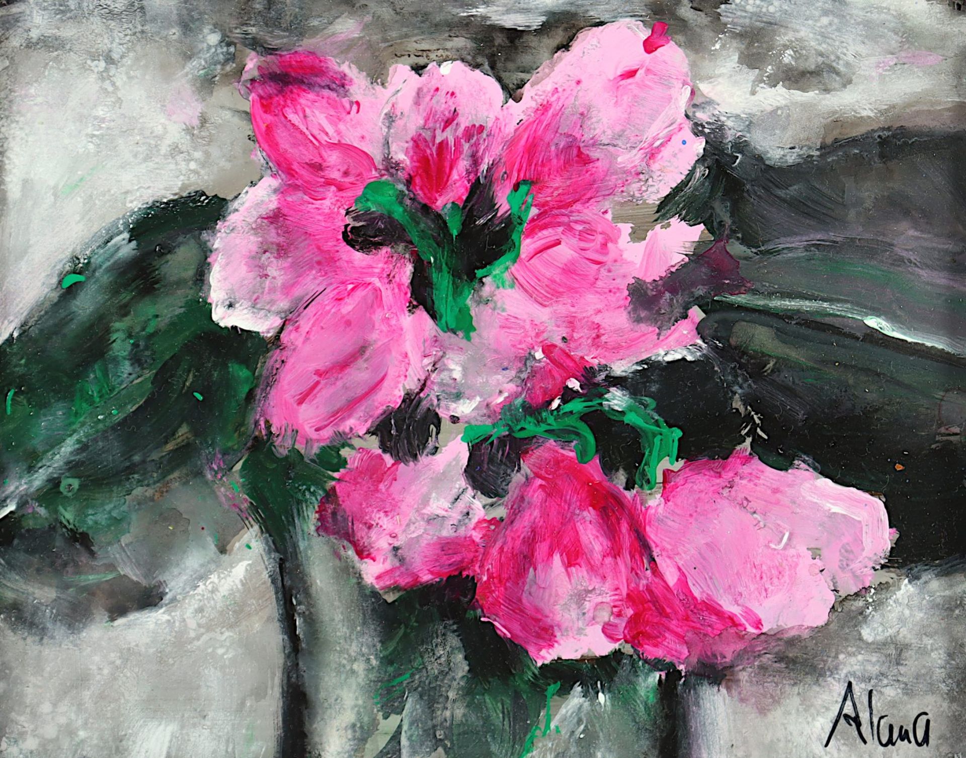 Alana, "Blüten in einer Vase", Acryl, rot, R. - Image 2 of 2