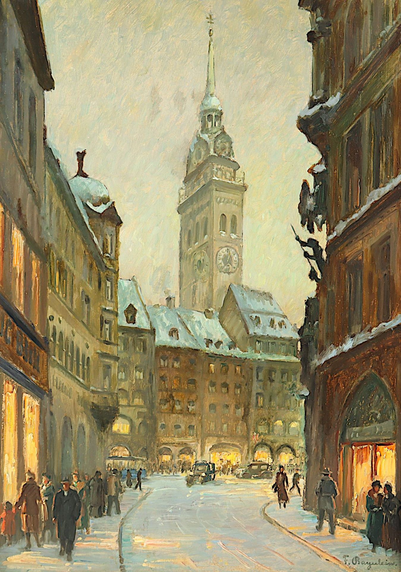 BAYERLEIN, Fritz (1872-1955), "Winterabend bei Sankt Peter in München", R.