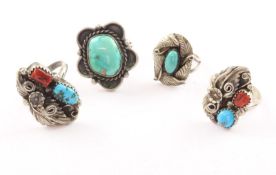 Vier Ringe, 925/ooo Silber/Sterling, "Navajo", Türkis, Koralle, gepunzt