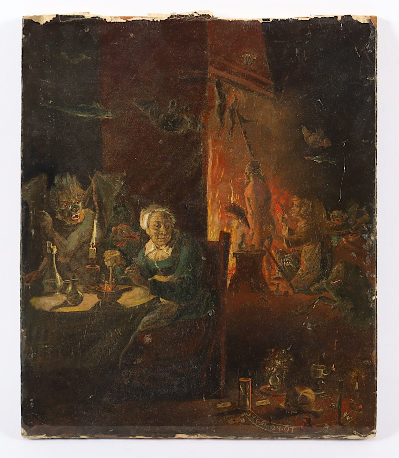 AUFBRUCH ZUM HEXENSABBAT, Öl über Druckgrafik nach Teniers, besch.