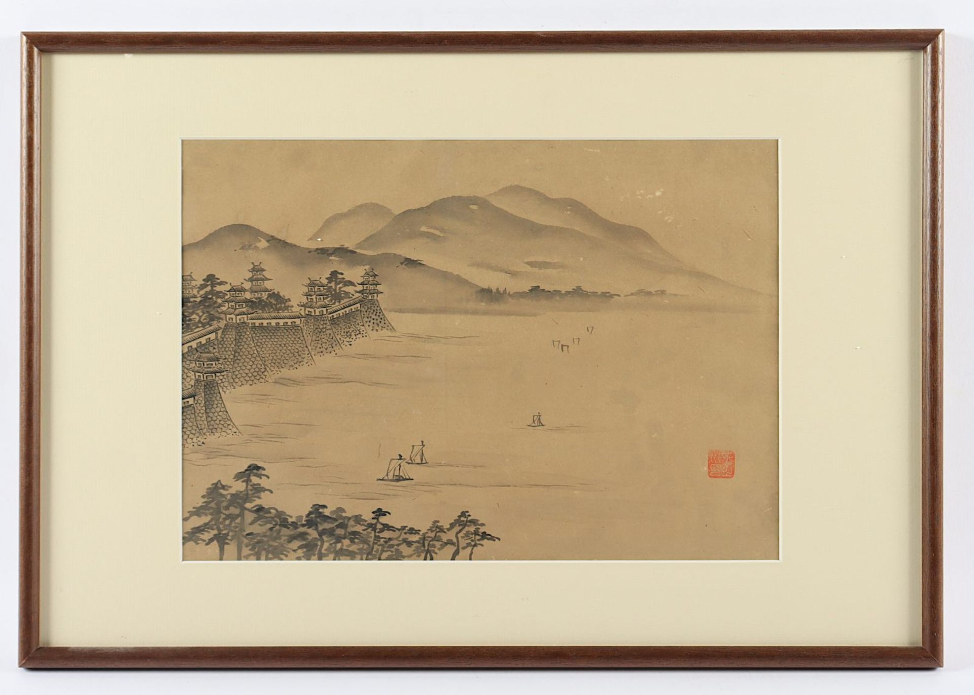 Malerei, Tusche Landschaft mit Gebäuden, Booten und Bergen, Japan, gerahmt - Image 2 of 2
