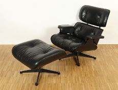 Lounge Chair, Eames, schwarzes Leder, mit Ottoman, Vitra