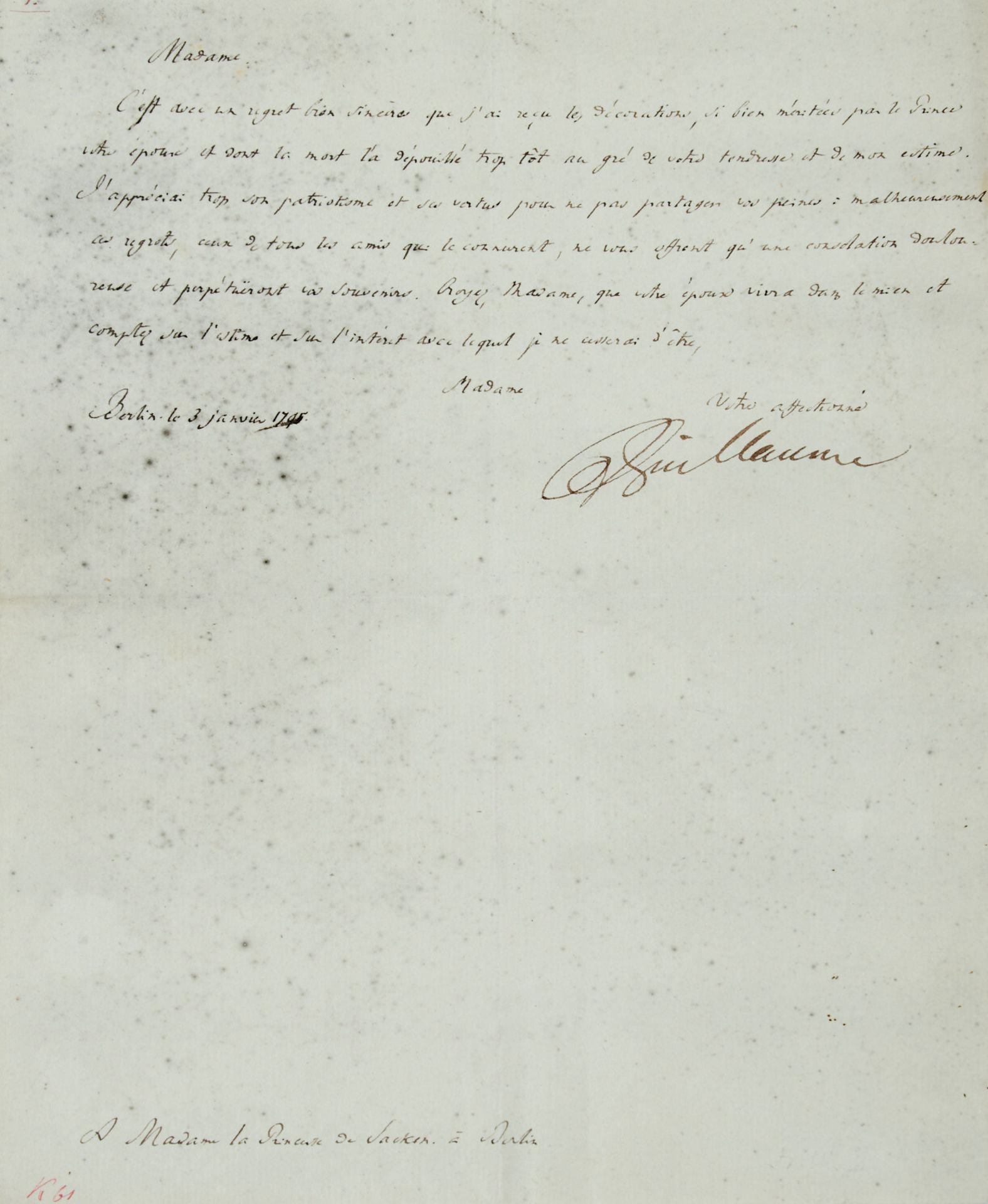 Friedrich Wilhelm III., König von Preußen (1770-1840). Brief mit e. U. "Guillaume". Dat. Berlin,