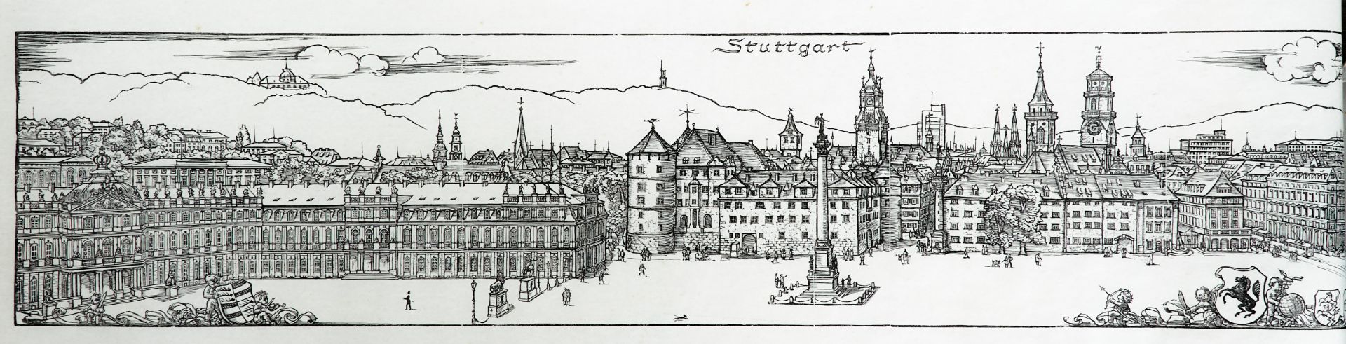 Stuttgart - "Stuttgart". Holzschnitt auf Pergaminpapier von E. Feyerabend, dat. 1945. 27,5 x 147 cm. - Image 2 of 5