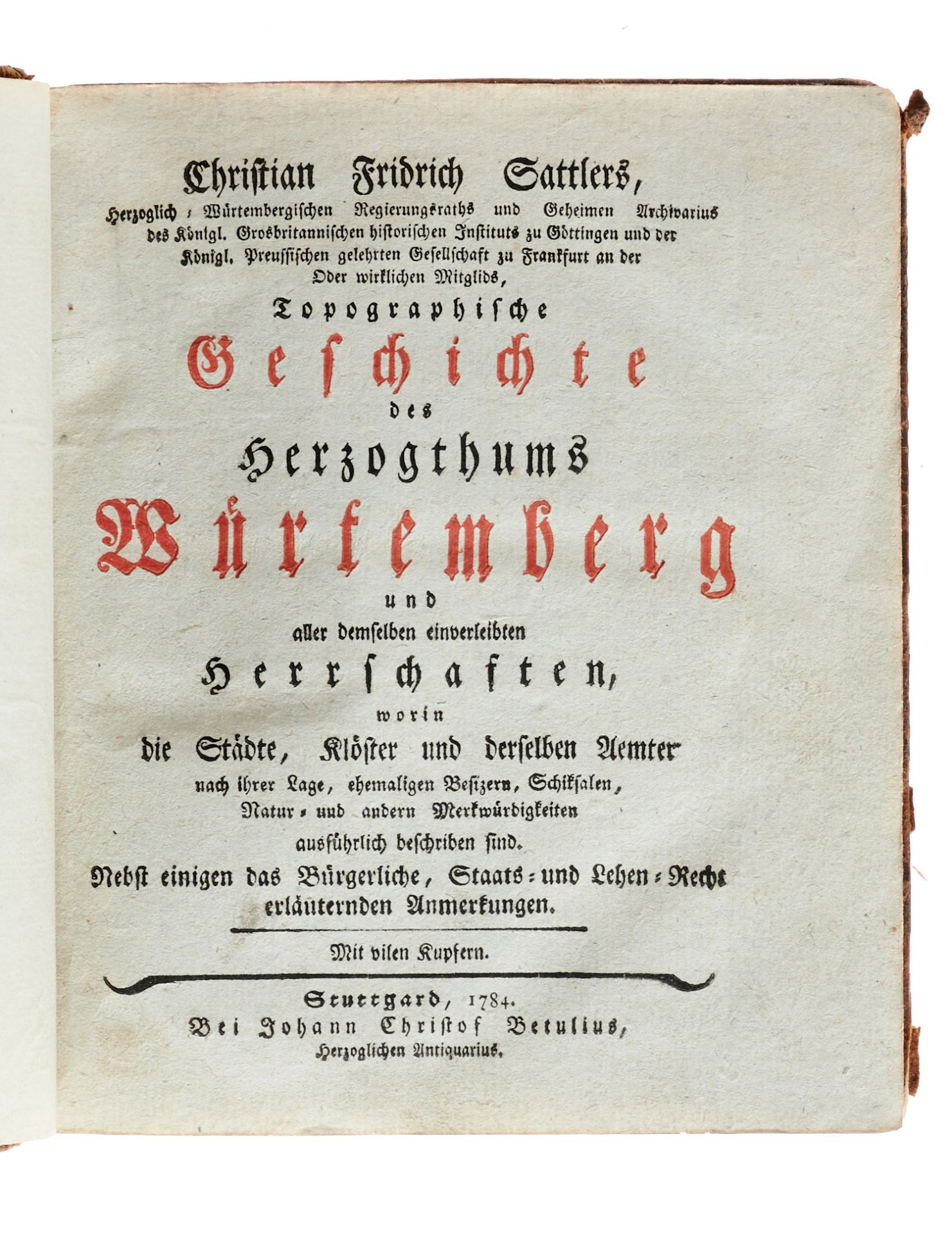 Württemberg Sattler, Ch. F., Topographische Geschichte des Herzogthums Würtemberg und aller - Bild 2 aus 4