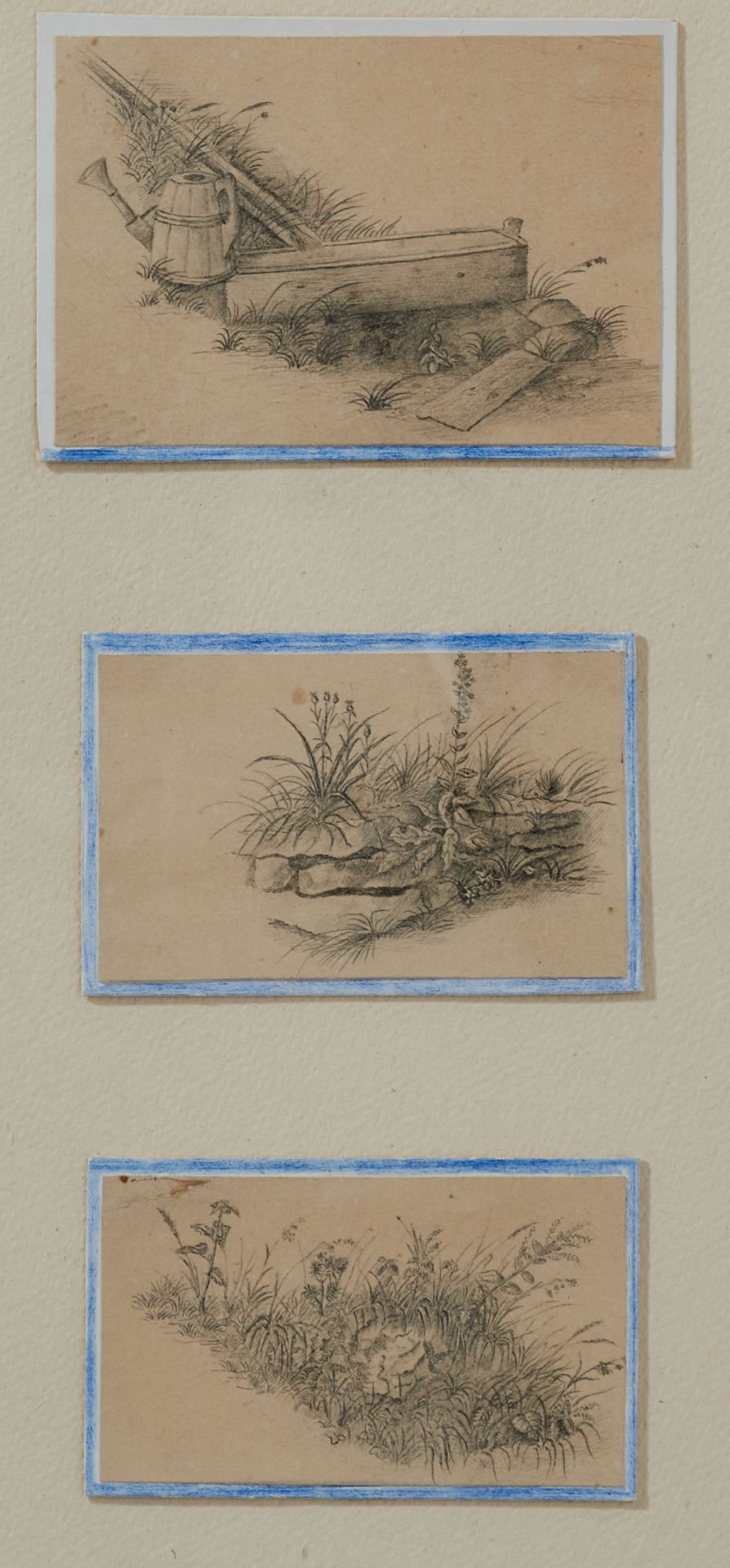 Konvolut - 9 Zeichnungen. Bleistift (4), Feder, laviert (1), Bleistift, aquarelliert (4). 2 sign., 1
