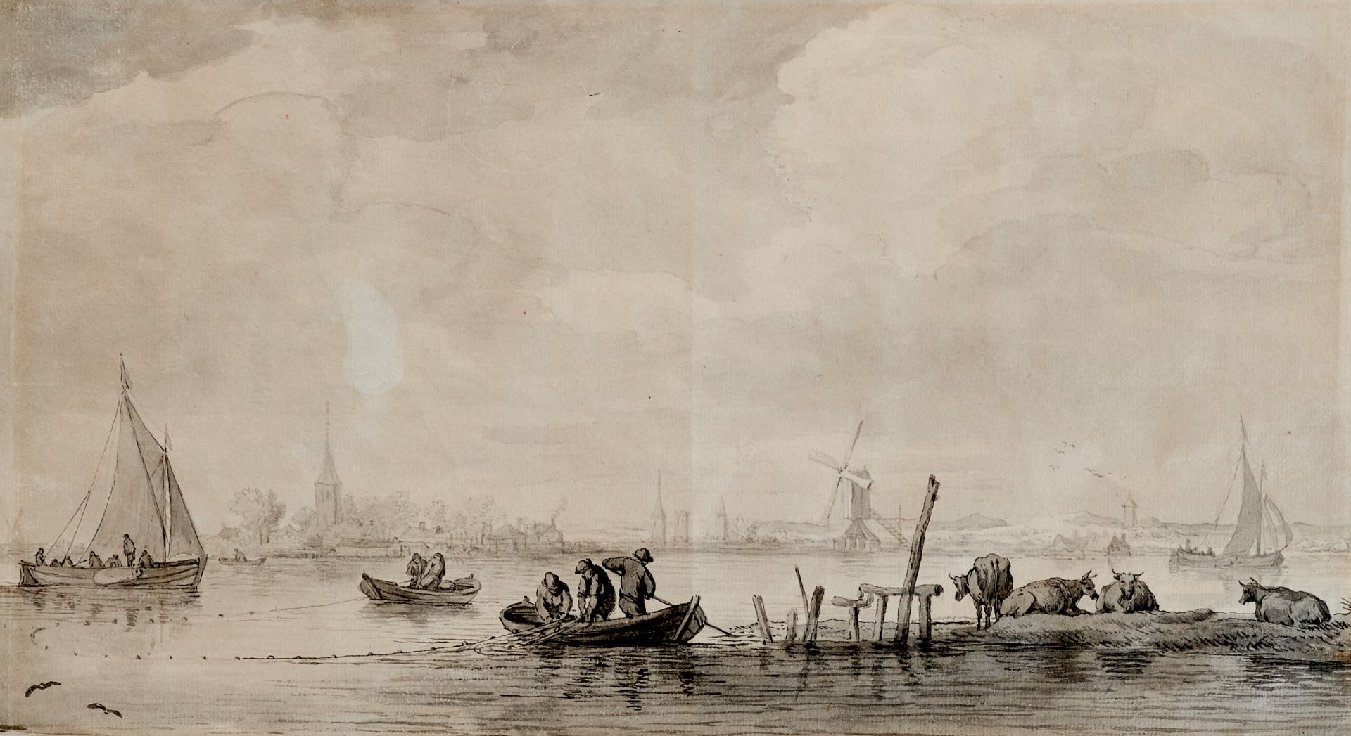Niederländischer Künstler des 18. Jahrhunderts Flußlandschaft mit Fischern, Kühen, Mühle und einem