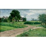 Bonte, Paula (Magdeburg 1840-1902 Berlin), Reetgedeckte Häuser in sommerlicher Landschaft. Öl auf