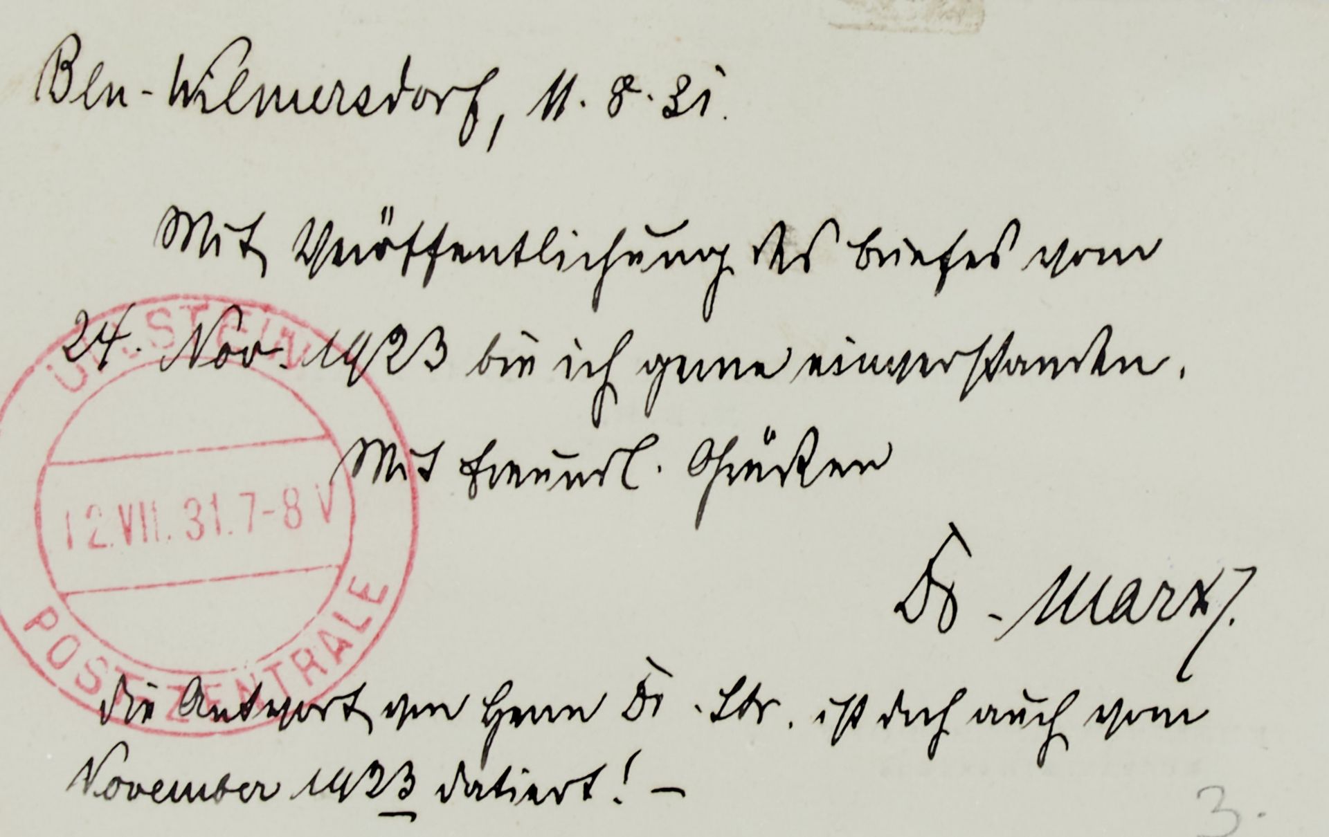 Marx, W., deutscher Reichskanzler (1863-1946). E. Notiz mit U. auf der Rückseite einer