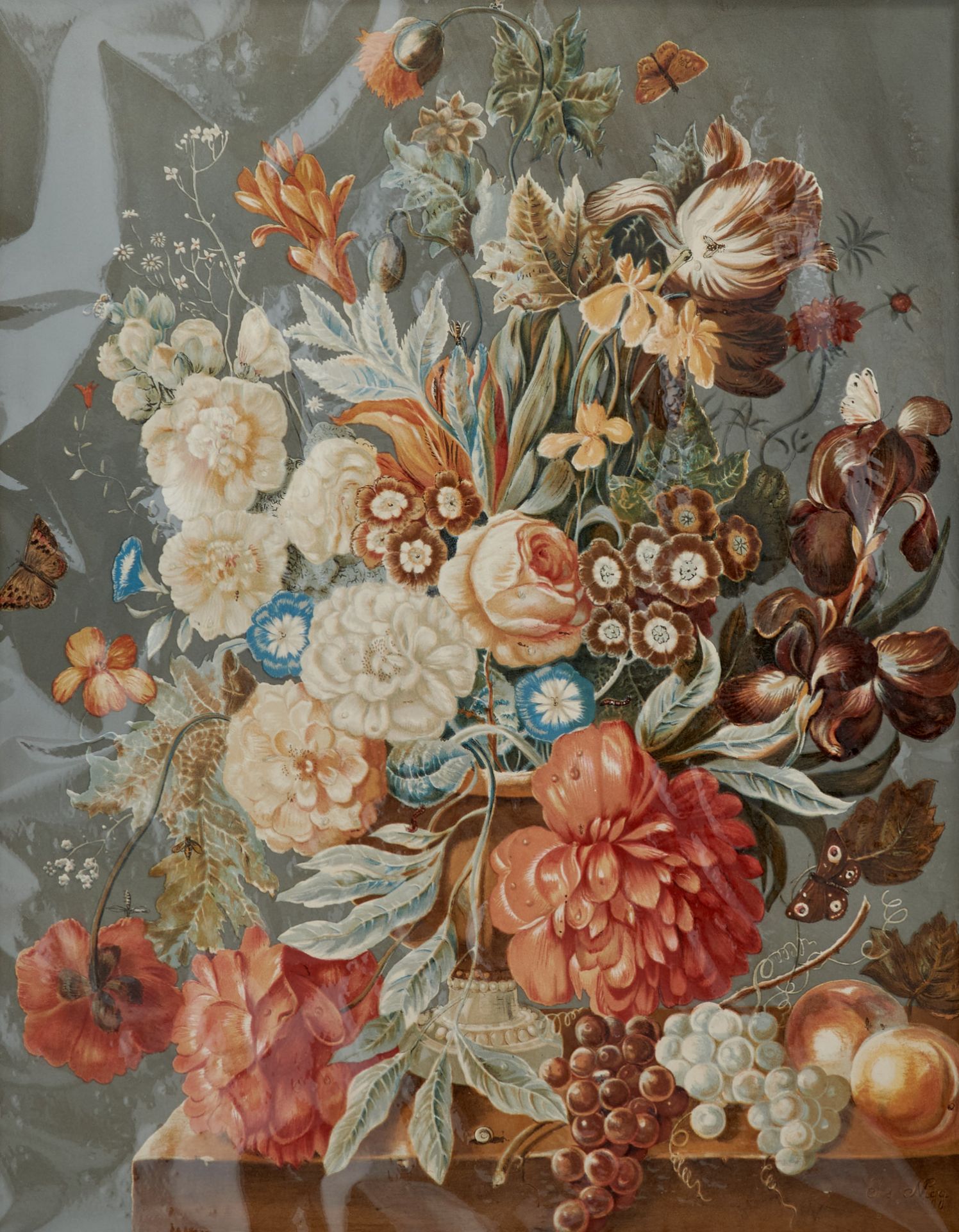 Flora Blumen - Blumenbouquets mit Schmetterlingen. Farb- und Chromolithographie nach J. Nigg, um