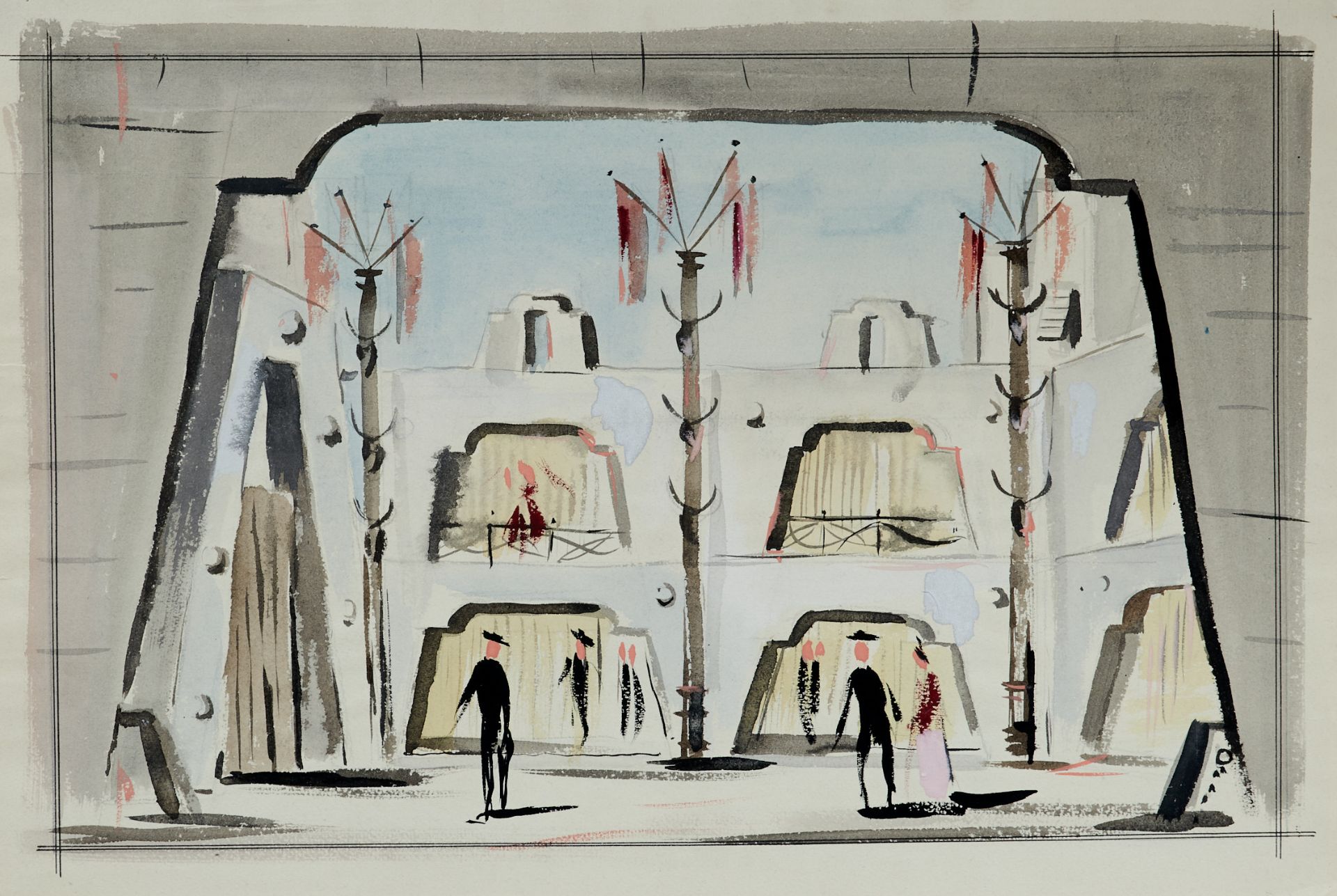 Neher, Caspar (Augsburg 1897-1962 Wien), 3 Bühnenentwürfe. Aquarell und Gouache auf Bütten. Nicht - Image 2 of 3